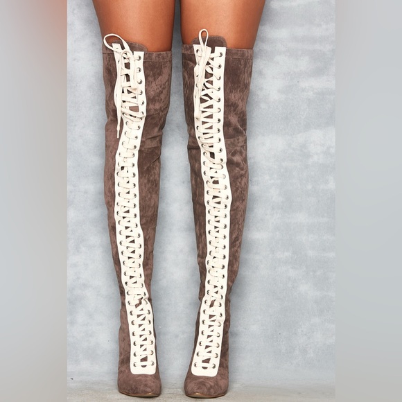 MISTRESS ROCKS 'Odyssey' Grey & White Suede Lace Up Thigh Boot